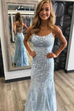 Spaghetti Strap Sky Blue Mermaid Prom Dresses Backless Formal Dress BM5390