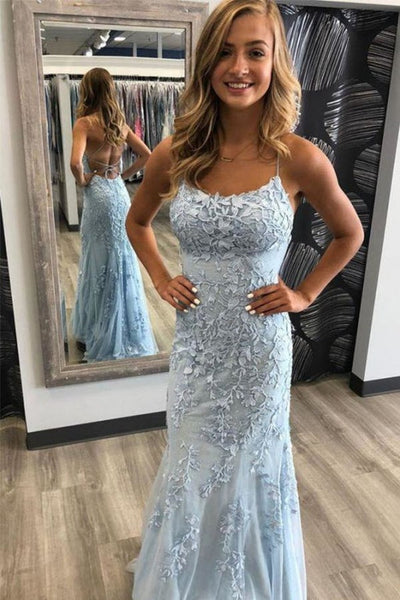 Spaghetti Strap Sky Blue Mermaid Prom Dresses Backless Formal Dress BM5390