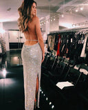 Sexy Sparkly Mermaid Backless Split Side Prom Dresses With Sequins SJ210923