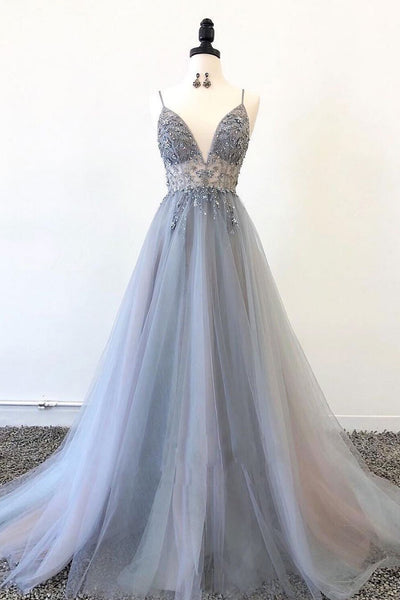 Sparkly Prom Dresses Aline Spaghetti Straps Long Grey Prom Dress Fashion Evening Dress PDA564 | ballgownbridal