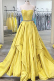 A-Line Strapless Open Back Yellow Satin Long Prom Dress, Evening Dress  SJ211163