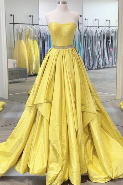 A-Line Strapless Open Back Yellow Satin Long Prom Dress, Evening Dress  SJ211163