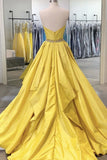 A-Line Strapless Open Back Yellow Satin Long Prom Dress, Evening Dress  SJ211163