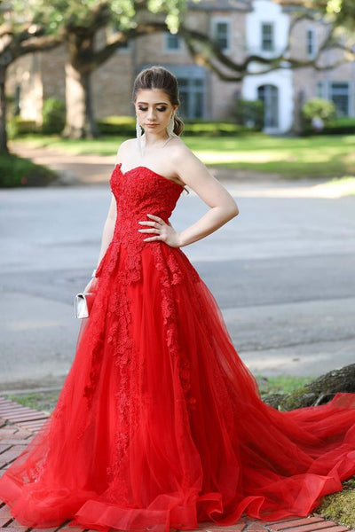 Strapless Red Lace Long Prom Dress With Appliques, Evening Dress SJ211160
