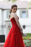 Strapless Red Lace Long Prom Dress With Appliques, Evening Dress SJ211160