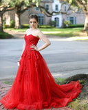 Strapless Red Lace Long Prom Dress With Appliques, Evening Dress SJ211160