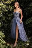 Blue Off The Shoulder Strapless Floral A-line Prom Dress KN9730