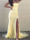 Strapless Mermaid Yellow Lace Side Slit Prom Dresses NG5312