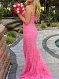 Strapless Mermaid Yellow Lace Side Slit Prom Dresses NG5312