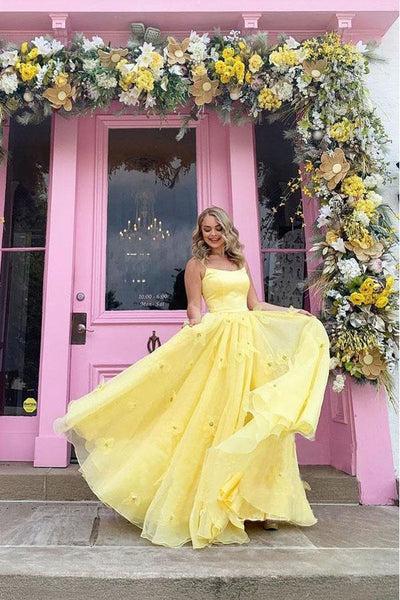 A-line Tulle Yellow Long Prom Dress With Lace, Evening Dress SJ211164