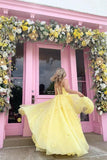 A-line Tulle Yellow Long Prom Dress With Lace, Evening Dress SJ211164
