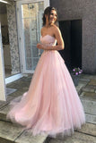 A-Line Pink Tulle Sweetheart Lace Long Prom Dress, Evening Dress SJ211140