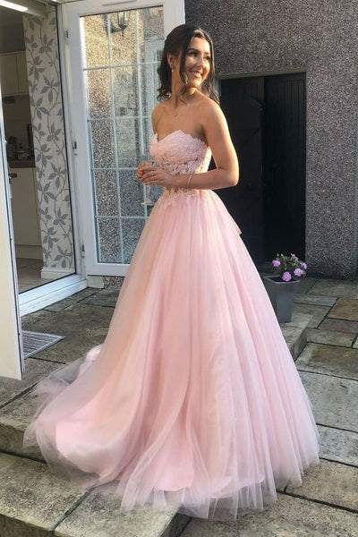 A-Line Pink Tulle Sweetheart Lace Long Prom Dress, Evening Dress SJ211140