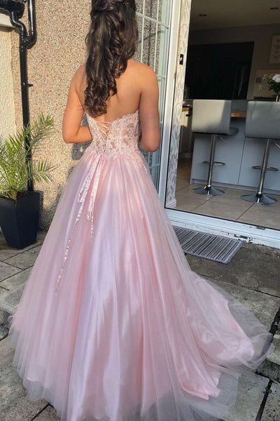 A-Line Pink Tulle Sweetheart Lace Long Prom Dress, Evening Dress SJ211140