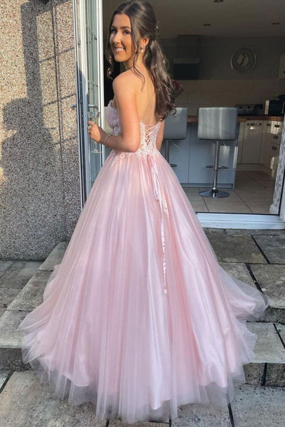 A-Line Pink Tulle Sweetheart Lace Long Prom Dress, Evening Dress SJ211140