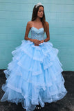 Sweetheart Neck Baby Blue Tulle Multi-layered Long Beaded Ball Gown PDA581  | ballgownbridal