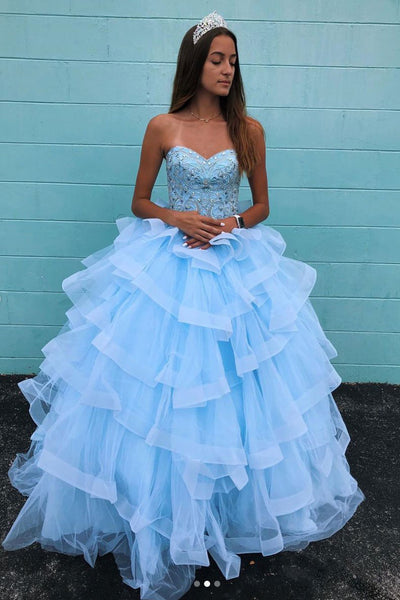 Sweetheart Neck Baby Blue Tulle Multi-layered Long Beaded Ball Gown PDA581  | ballgownbridal