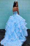 Sweetheart Neck Baby Blue Tulle Multi-layered Long Beaded Ball Gown PDA581  | ballgownbridal