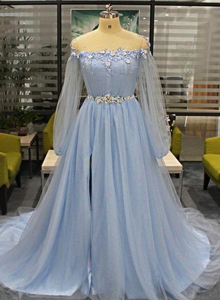 A-Line Tulle Split Long Sleeves Prom Dress With Beaded,  Evening Dress SJ211019