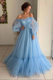 A-Line Tulle Off The Shoulder Long Prom Dress With Lace, Evening Dresses SJ211120