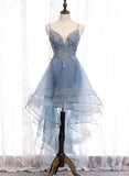 Tulle V-Neck Spaghetti Strap Prom Dress With Lace, Cute Homecoming Dress SJ210917