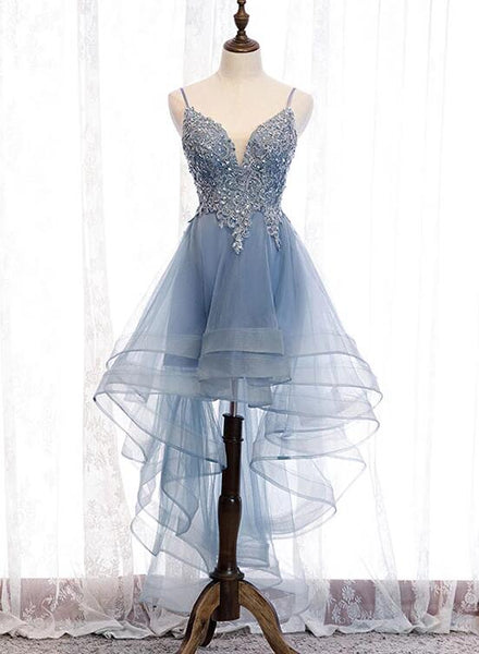 Tulle V-Neck Spaghetti Strap Prom Dress With Lace, Cute Homecoming Dress SJ210917