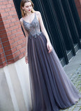 Beautiful A-Line Tulle V-Neck Beaded Long Prom Dress SJ211046