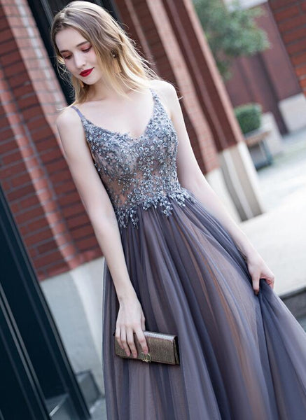 Beautiful A-Line Tulle V-Neck Beaded Long Prom Dress SJ211046