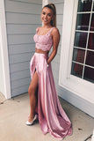 Two Piece Square Lace Up Pink Split Long Prom Dress with Lace Pockets ODA020 | ballgownbridal