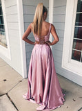 Two Piece Square Lace Up Pink Split Long Prom Dress with Lace Pockets ODA020 | ballgownbridal