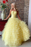 Unique Strapless Yellow Tulle Long Ruffles Sweet 16 Prom Dress PDA551 | ballgownbridal