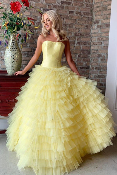 Unique Strapless Yellow Tulle Long Ruffles Sweet 16 Prom Dress PDA551 | ballgownbridal
