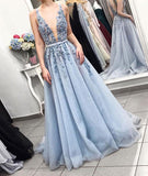 Blue A-Line V-Neck Tulle Lace Long Prom Dress With Beadings And Appliques SJ211137