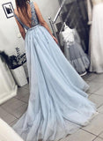 Blue A-Line V-Neck Tulle Lace Long Prom Dress With Beadings And Appliques SJ211137
