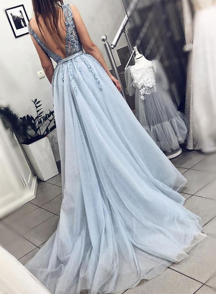 Blue A-Line V-Neck Tulle Lace Long Prom Dress With Beadings And Appliques SJ211137