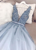Blue A-Line V-Neck Tulle Lace Long Prom Dress With Beadings And Appliques SJ211137