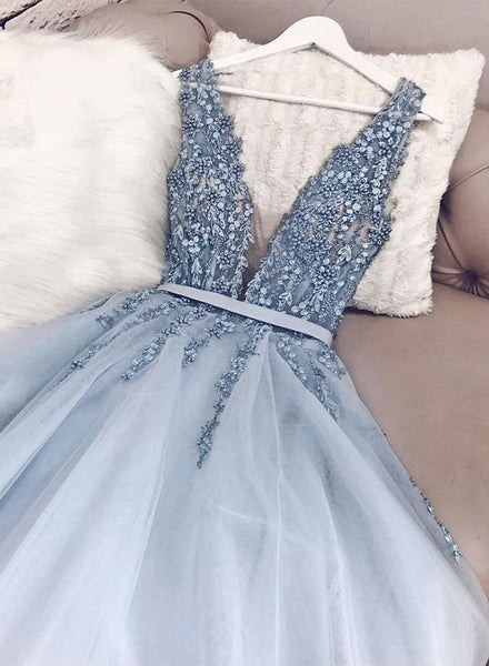 Blue A-Line V-Neck Tulle Lace Long Prom Dress With Beadings And Appliques SJ211137