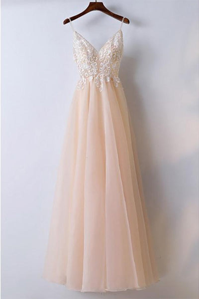 A-Line V Neck Spaghetti Straps Tulle Long Prom Dress With Lace, Evening Dress SJ211116