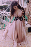 A-line V-Neck Long Sleeve Prom Dresses With Lace, Evening Dresses SJ211028