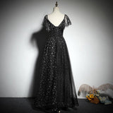 Black A-Line V-Neckl Cap Sleeves Floor Length Prom Dress, Evening Dress SJ211047