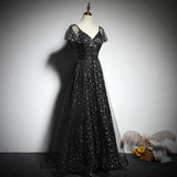 Black A-Line V-Neckl Cap Sleeves Floor Length Prom Dress, Evening Dress SJ211047