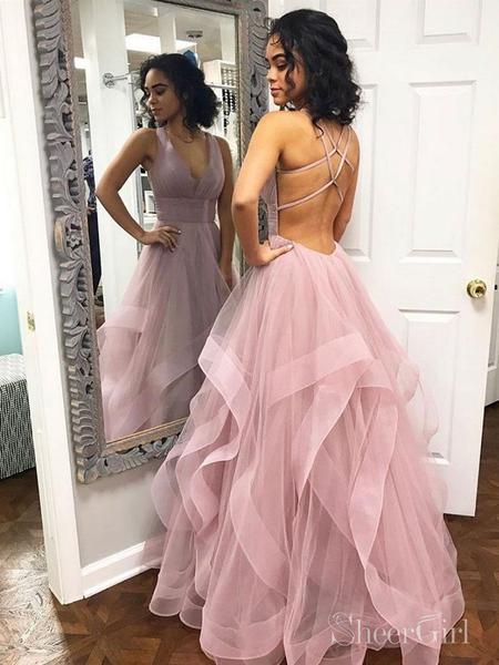 Simple V Neck Dusty Rose Long Prom Dresses with Straps and Ruffle Skirt XAJ1081