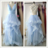 Simple V Neck Dusty Rose Long Prom Dresses with Straps and Ruffle Skirt XAJ1081