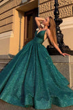 Shiny Green Ball Gown V Neck  Prom Dresses, Evening Dresses ZIK004