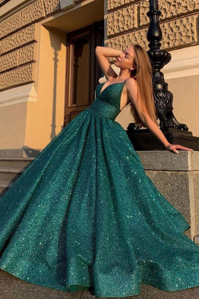 Shiny Green Ball Gown V Neck  Prom Dresses, Evening Dresses ZIK004