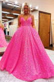 Shiny Pink A Line V Neck Sequins Backless Long Prom Dress, Evening Dress ZIK005