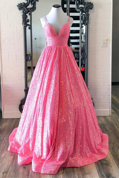 Shiny Pink A Line V Neck Sequins Backless Long Prom Dress, Evening Dress ZIK005