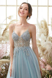 Elegant Light Blue A-Line Tulle Prom Dress With Beadings, Evening Dresses  ZIK006