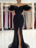 Black Mermaid Sequines Off The Shoulder Long Prom Dress, Evening Dress ZIK010