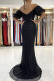 Black Mermaid Sequines Off The Shoulder Long Prom Dress, Evening Dress ZIK010